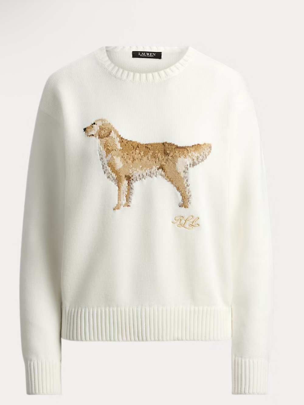 Ralph Lauren Cream Crewneck Sweater with Tan Dog Intarsia